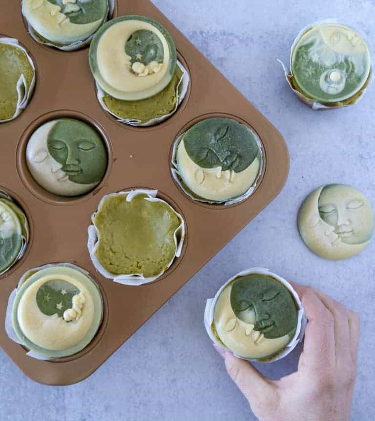 Mini Moringa Cheesecakes with White Chocolate Moons