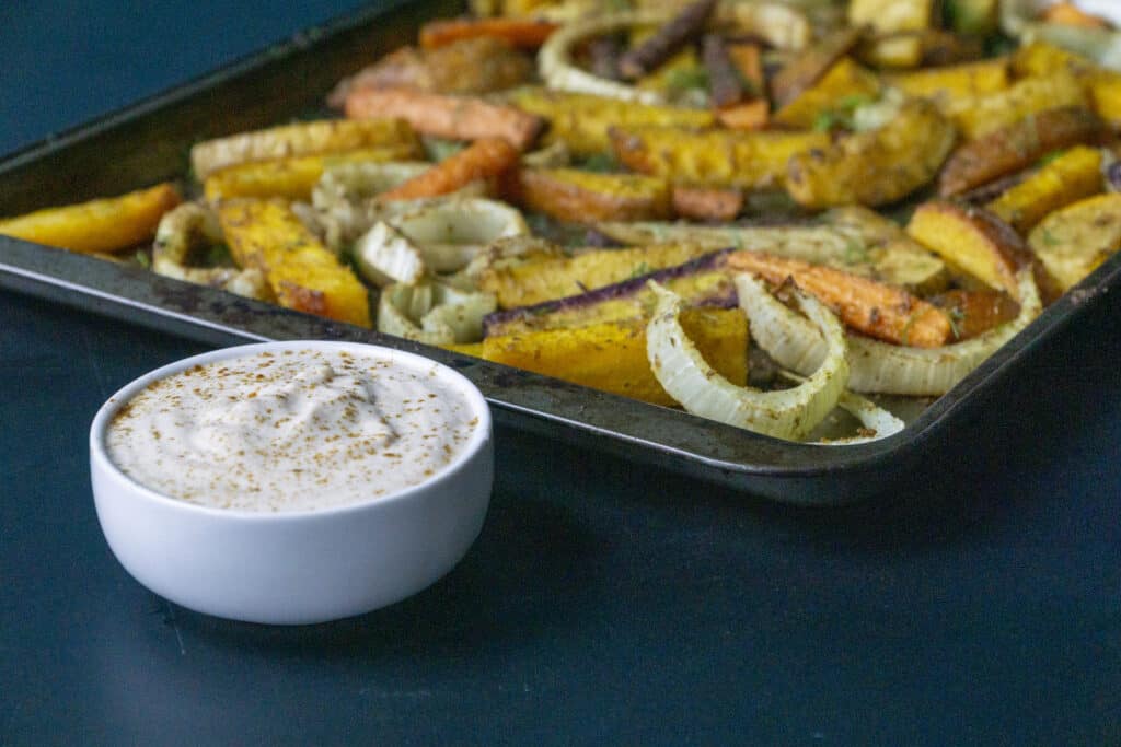 Mediterranean Roasted Root Vegetables with tahini dipping sauce