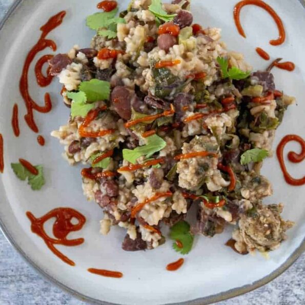 Red beans and Rice with Greens and sriracha swirls