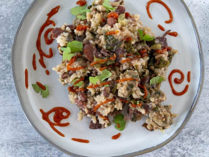 Red beans and Rice with Greens and sriracha swirls