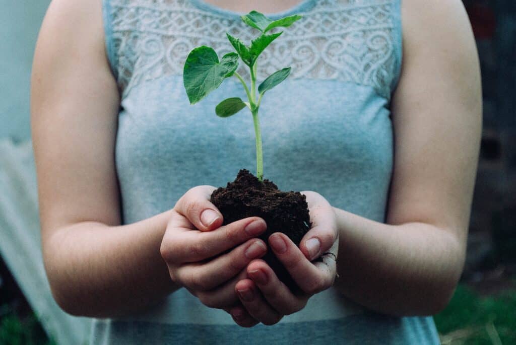 women holding a growing plant