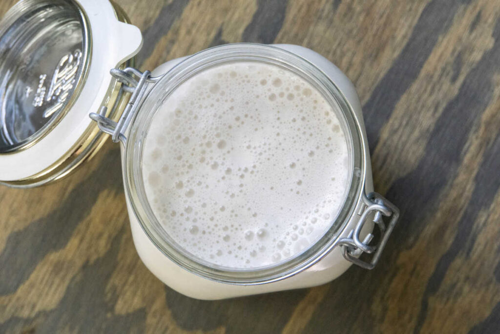 Overhead view of frothy Walnut milk in a mason jar