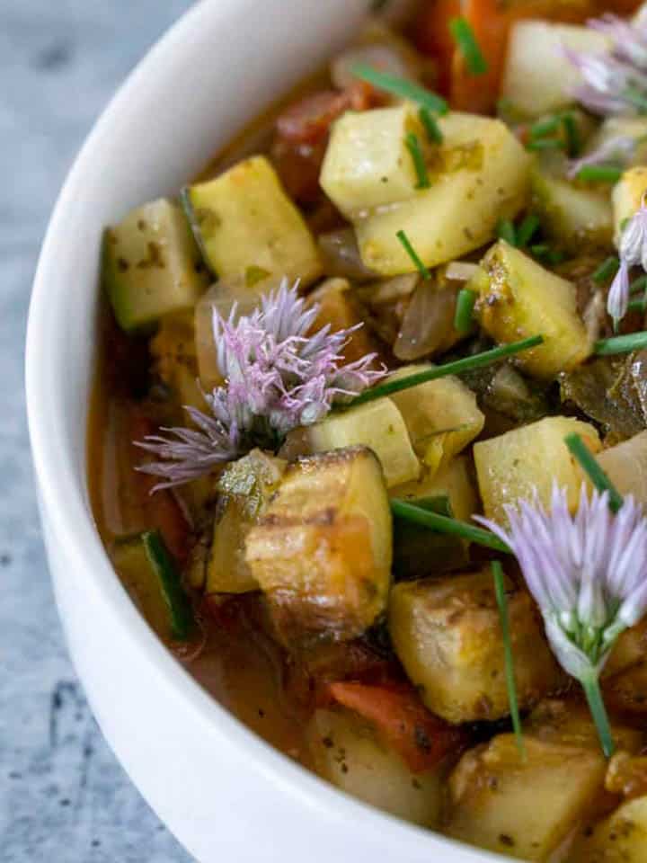 Cucumber Ratatouille with chive blossoms