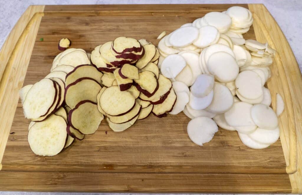Mandolined sweet potatoes and turnips