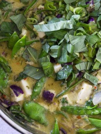 Close up of green curry with fresh herbs on top