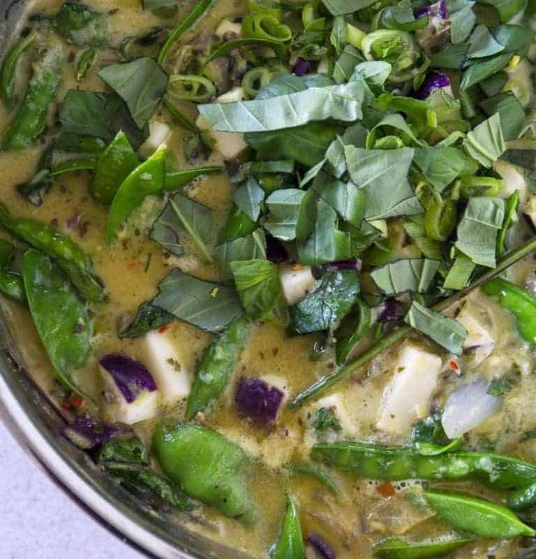 Close up of green curry with fresh herbs on top