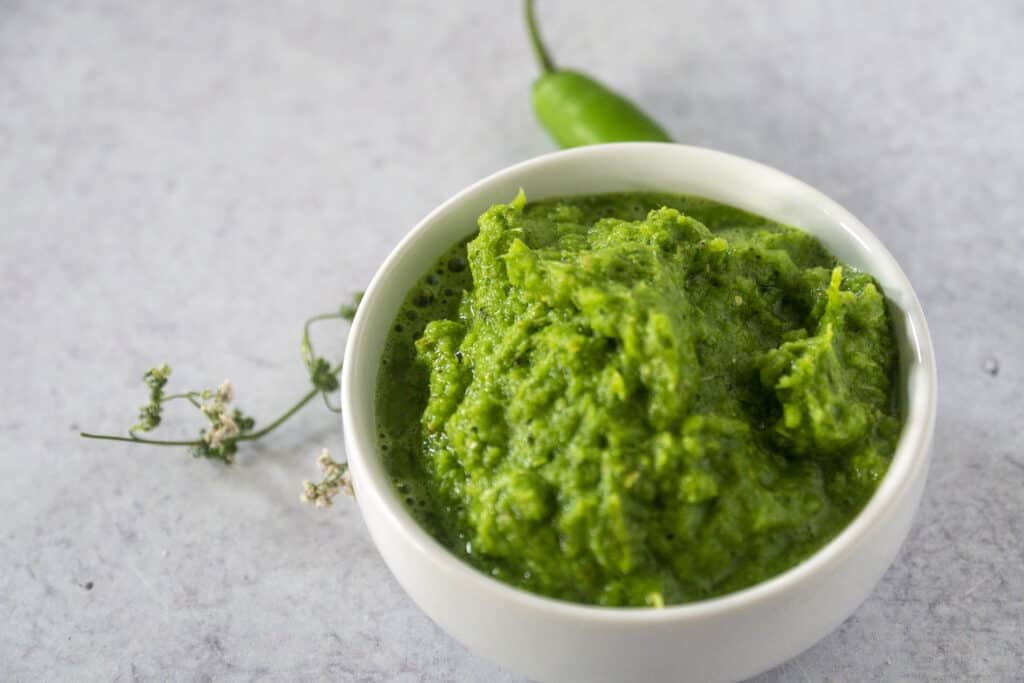 Angled Green Curry Paste in bowl on table