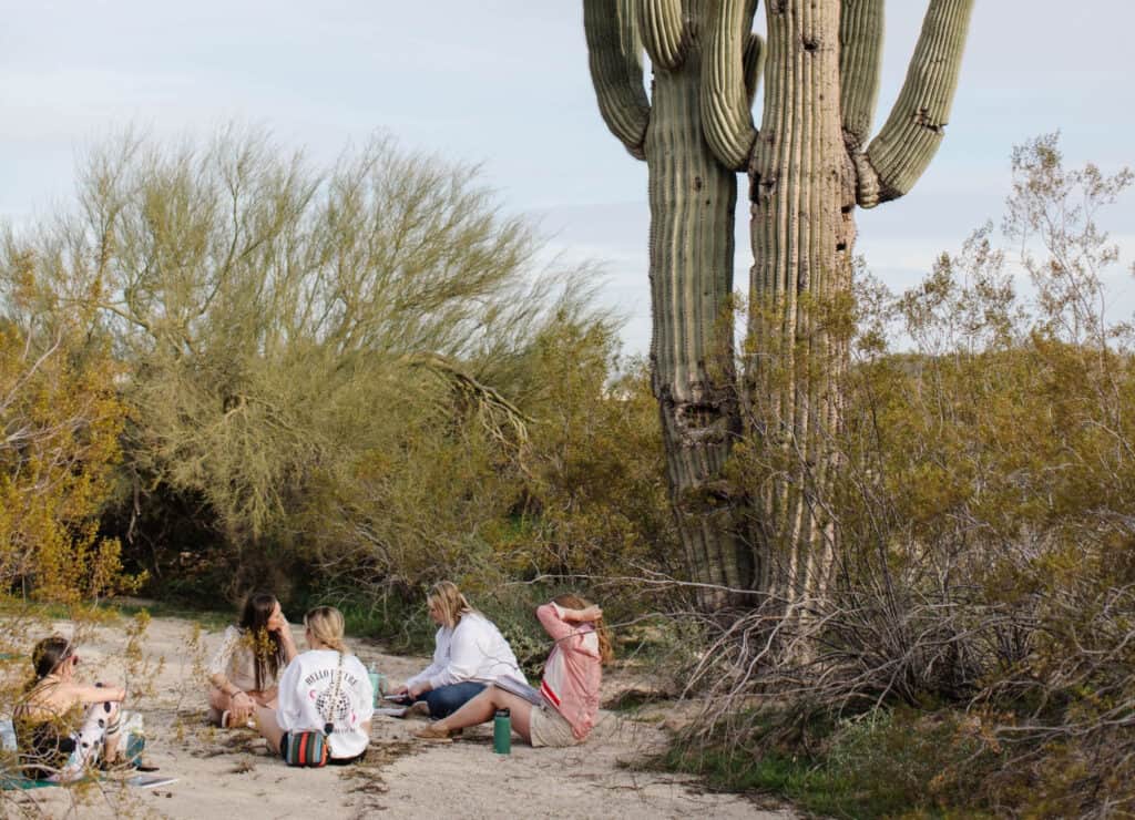 5 women participating in group coaching outside, sitting down on the sand near a cactus